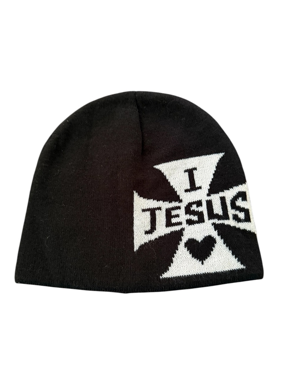 Vintage Black & White 'I Love Jesus' Knit Beanie Toque Fall Winter Adult Hat